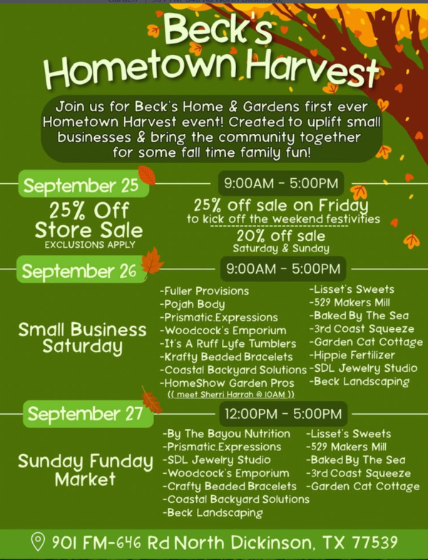 September 25 – 27, 2026 – Beck’s Home & Gardens first Hometown Harvest Event